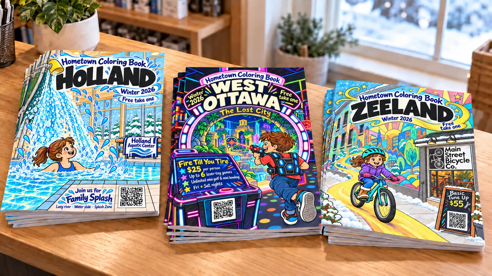 Holland, West Ottawa, and Zeeland coloring books stacked on a local business counter
