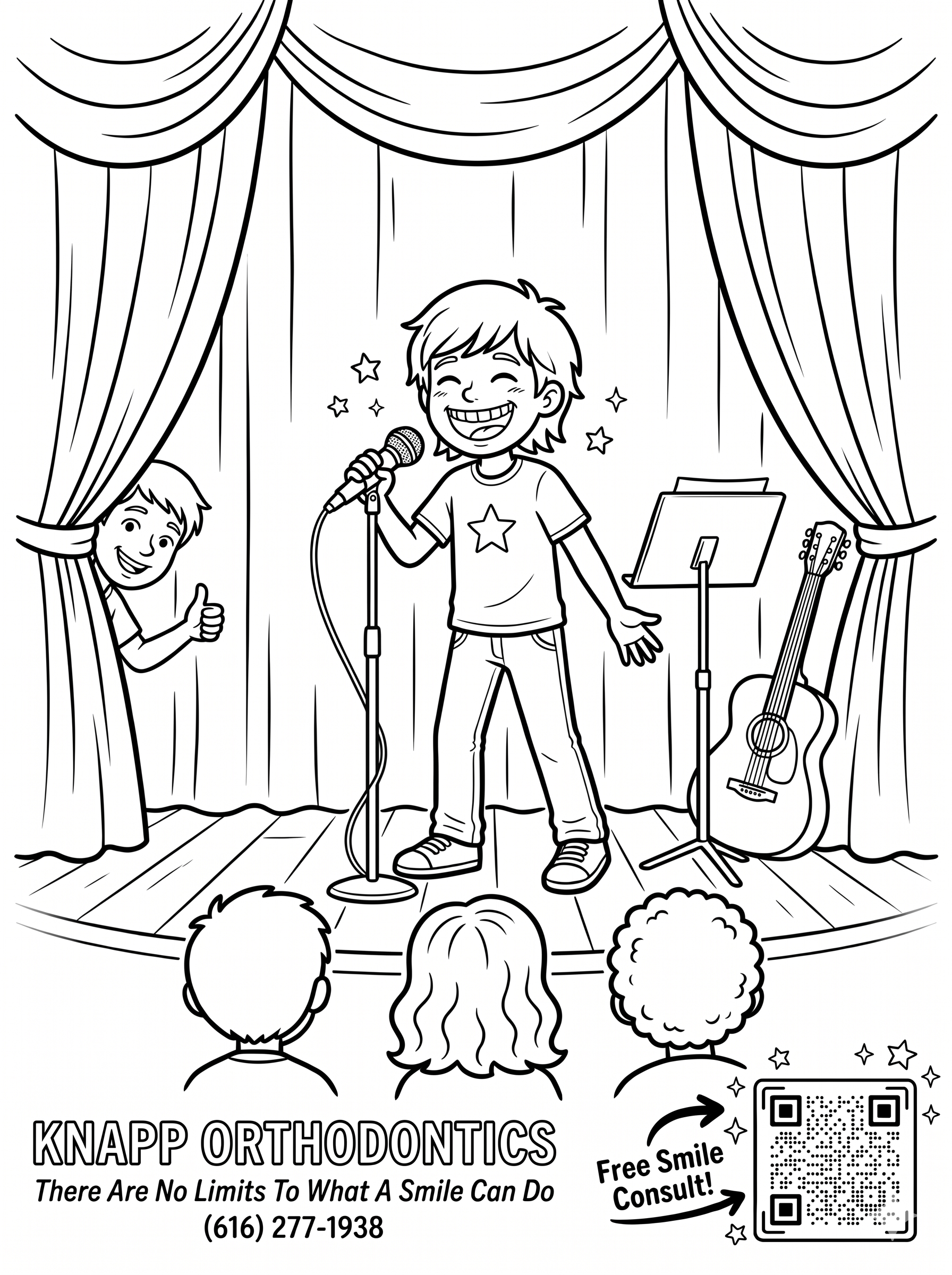 Sample coloring page — Knapp Orthodontics, kid singing on stage